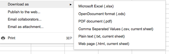 Spreadsheet export options in Google Drive