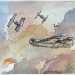Watercolor art of Falcon being chased on Jakku