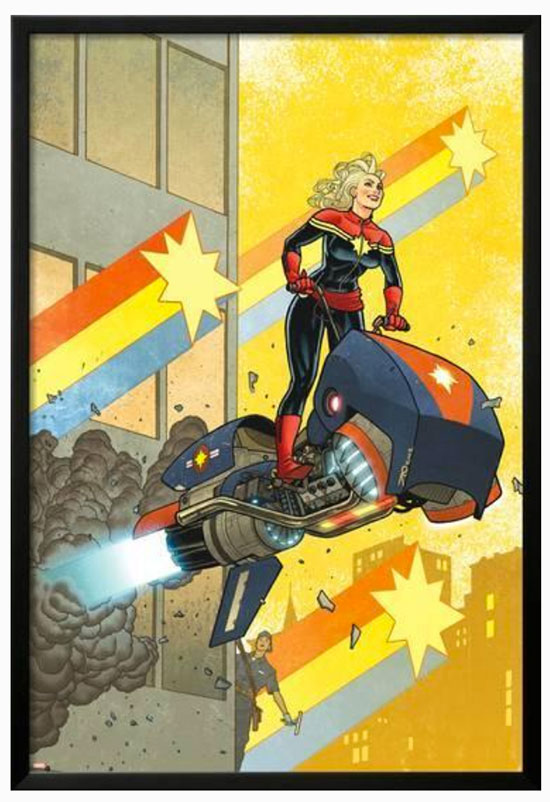 Framed wooden Captain Marvel poster.