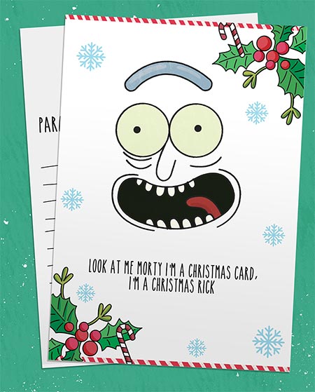 Rick and Morty party date card with Christmas Card Rick.