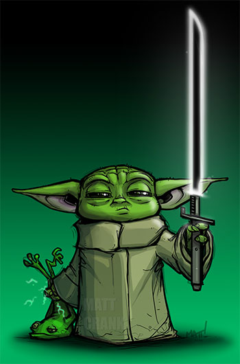 Art with Baby Yoda carrying the Darksaber