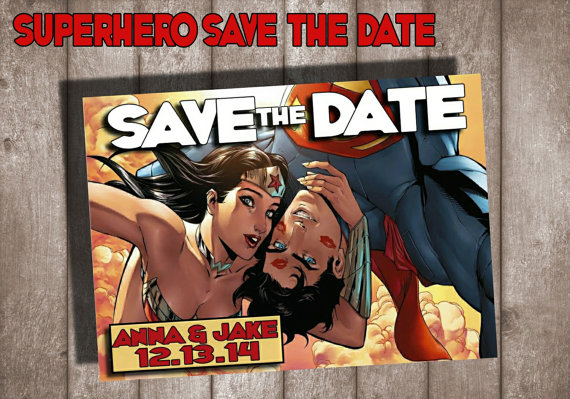 DC Comics Superman and Wonder Woman Save the Date card design