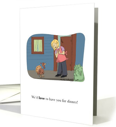 Thanksgiving dinner card - Lady inviting turkey to dinner